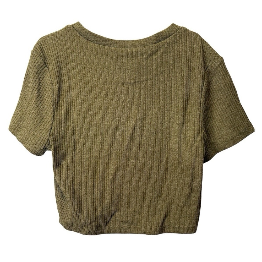 Forever 21 Women's Size Small Ribbed Olive Green Crop Top Shirt Sleeve Stretchy - Picture 2 of 6